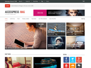 Screenshot of AccessPress Mag WordPress theme — modern responsive magazine layout with featured posts and clean design.